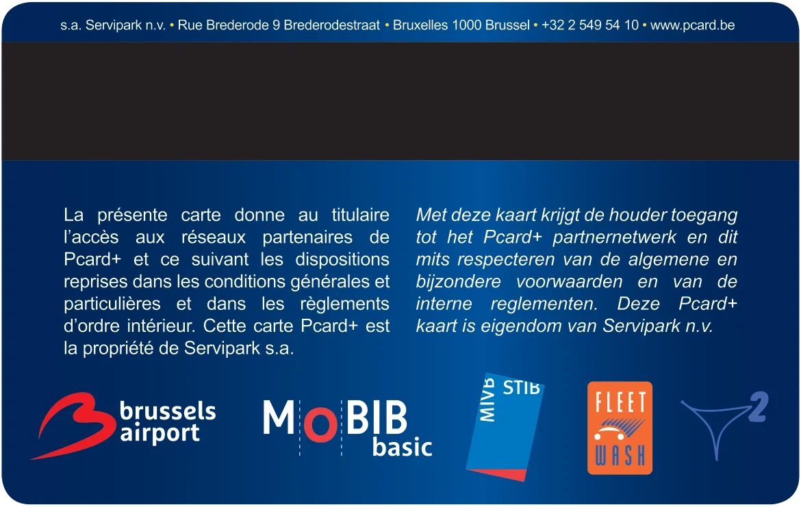 Reverse of a blue Pcard+ mobility card showing a magnetic stripe and partner network logos
