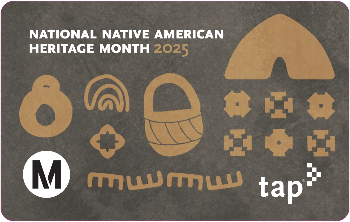 LA Metro TAP card with tan Native American basketry and pottery motifs on a slate ground