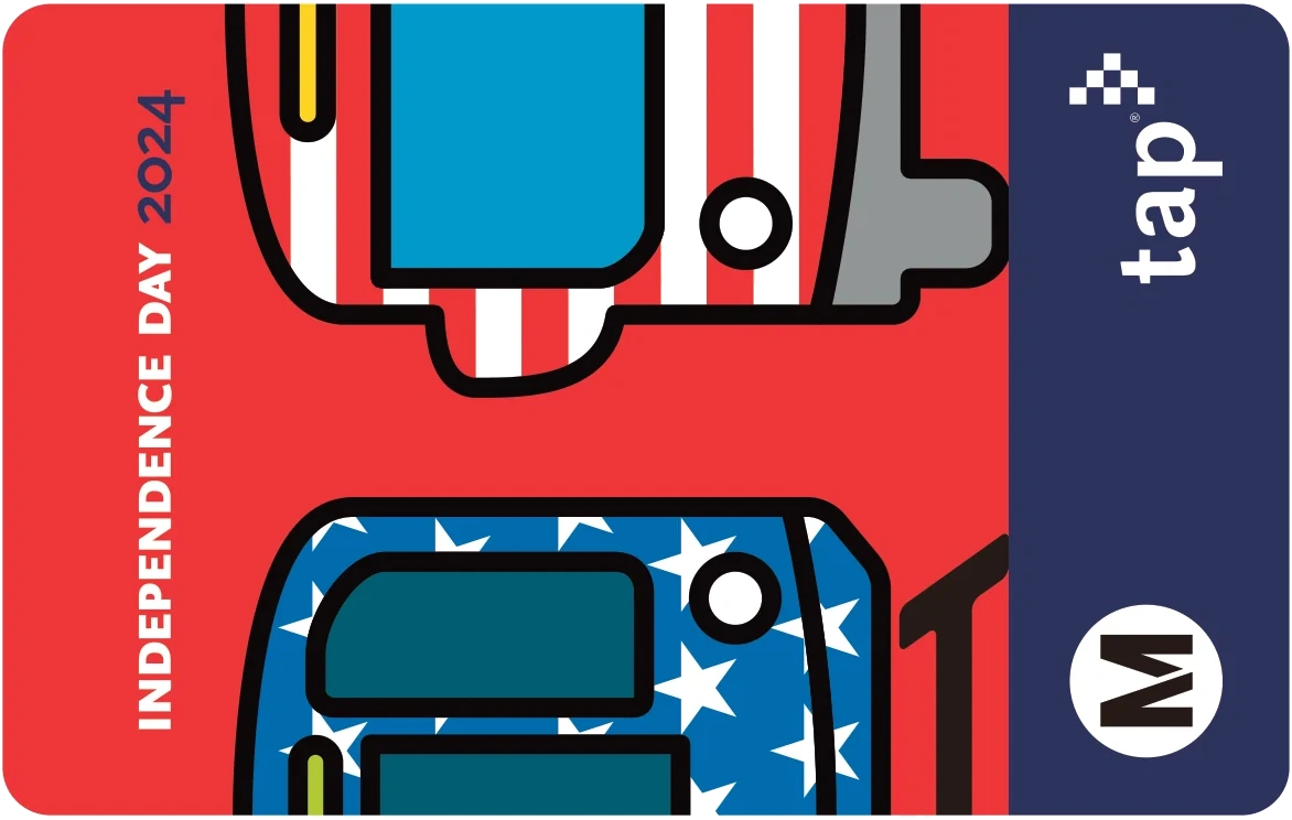 LA Metro TAP card with red, white and blue illustrated buses for Independence Day 2024