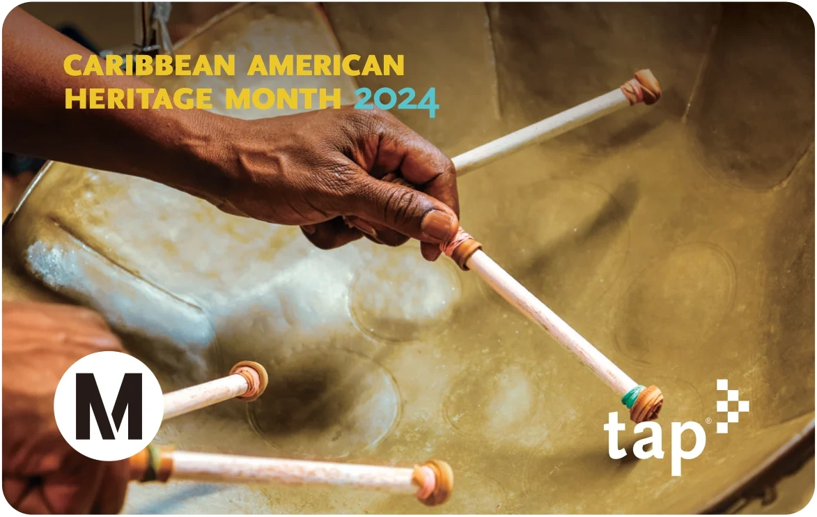 LA Metro TAP card showing hands playing a steel pan drum for Caribbean American Heritage Month 2024
