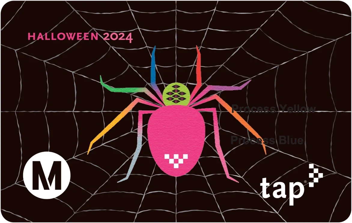 LA Metro TAP card with a multicoloured spider on a web for Halloween 2024