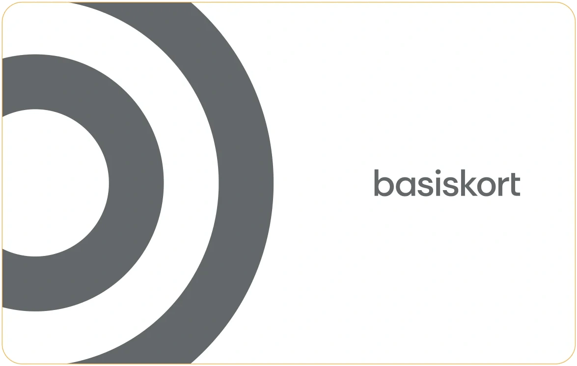Grey and white basiskort transit card with concentric contactless arcs
